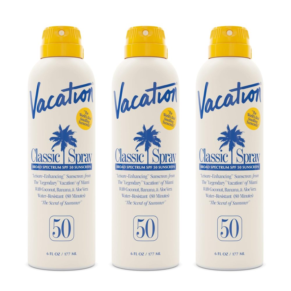 Vacation Classic Sunscreen Spray SPF 50, Water-Resistant, Lightweight, Transparent on All Skin Tones, Dermatologist-Tested, Vegan, 6 Fl. Oz. (Value Pack of 3)