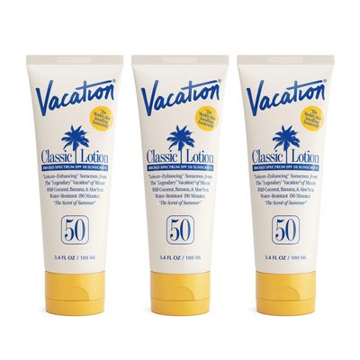 Vacation Classic Sunscreen Lotion SPF 50, Water-Resistant, Lightweight, Transparent on All Skin Tones, Dermatologist-Tested, Vegan, Travel Size, 3.4 Fl. Oz. (Value Pack of 3)