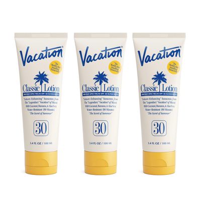 Vacation Classic Sunscreen Lotion SPF 30, Water-Resistant, Lightweight, Transparent on All Skin Tones, Dermatologist-Tested, Vegan, Travel Size, 3.4 Fl. Oz. (Value Pack of 3)