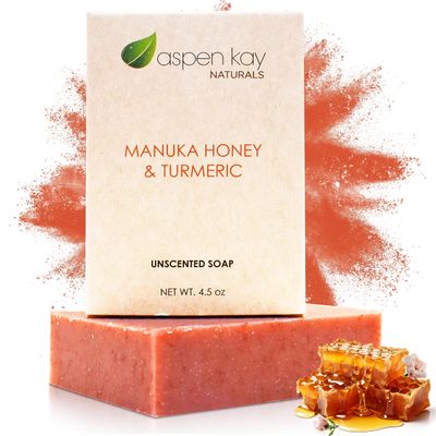 Aspen Kay Naturals Manuka Honey & Turmeric Soap Bar for Body & Face, Natural Turmeric Face Soap with Organic Aloe Vera, Shea Butter & Calendula - Gentle For All Skin Types, Unscented 4.5 oz Bar.