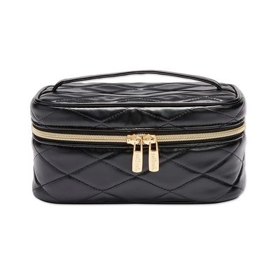 Conair Travel Makeup Bag, Large Toiletry and Cosmetic Bag, Perfect Size for Use At Home or Travel, Train Case Shape in Solid Black with Diamond-Quilt Pattern