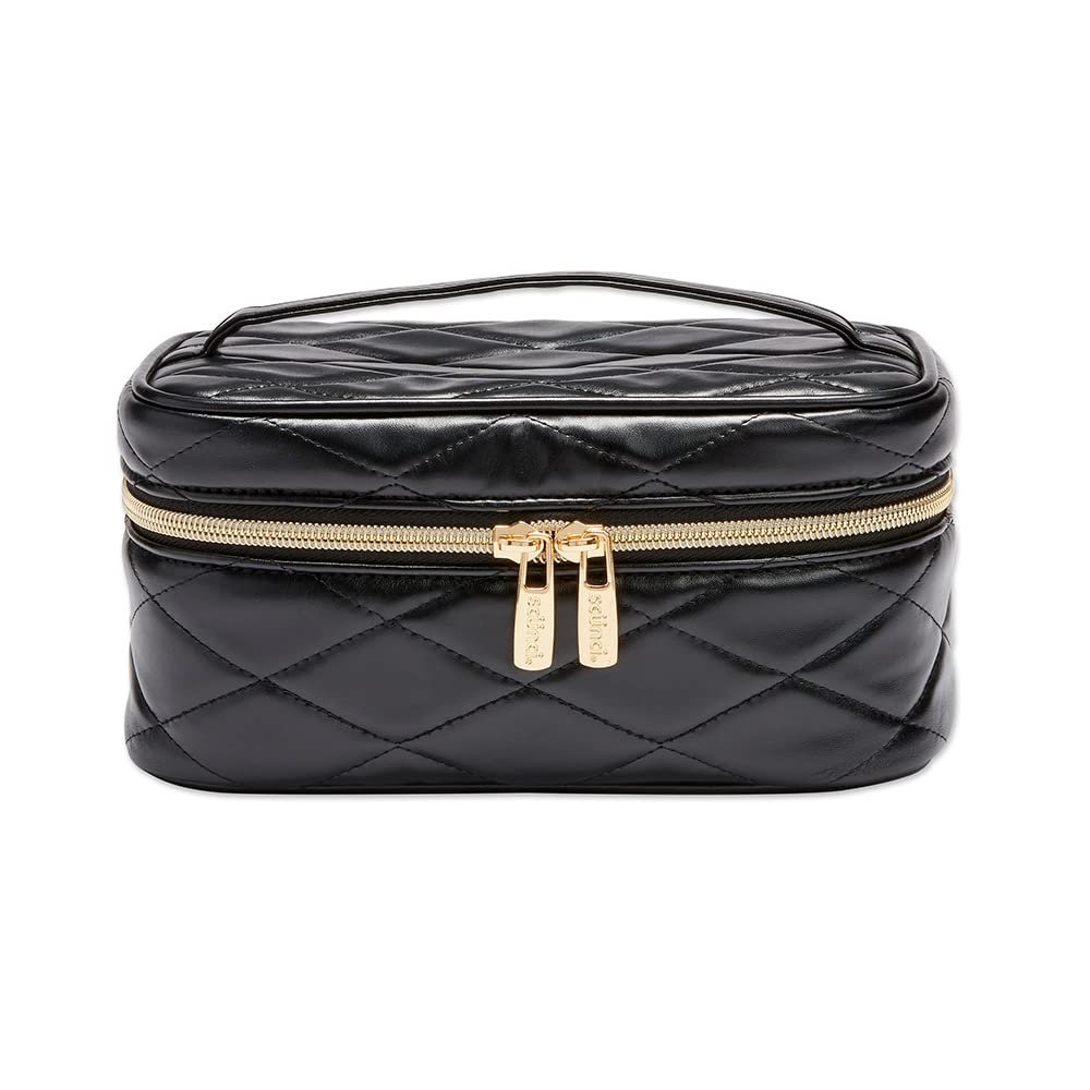 Conair Travel Makeup Bag, Large Toiletry and Cosmetic Bag, Perfect Size for Use At Home or Travel, Train Case Shape in Solid Black with Diamond-Quilt Pattern
