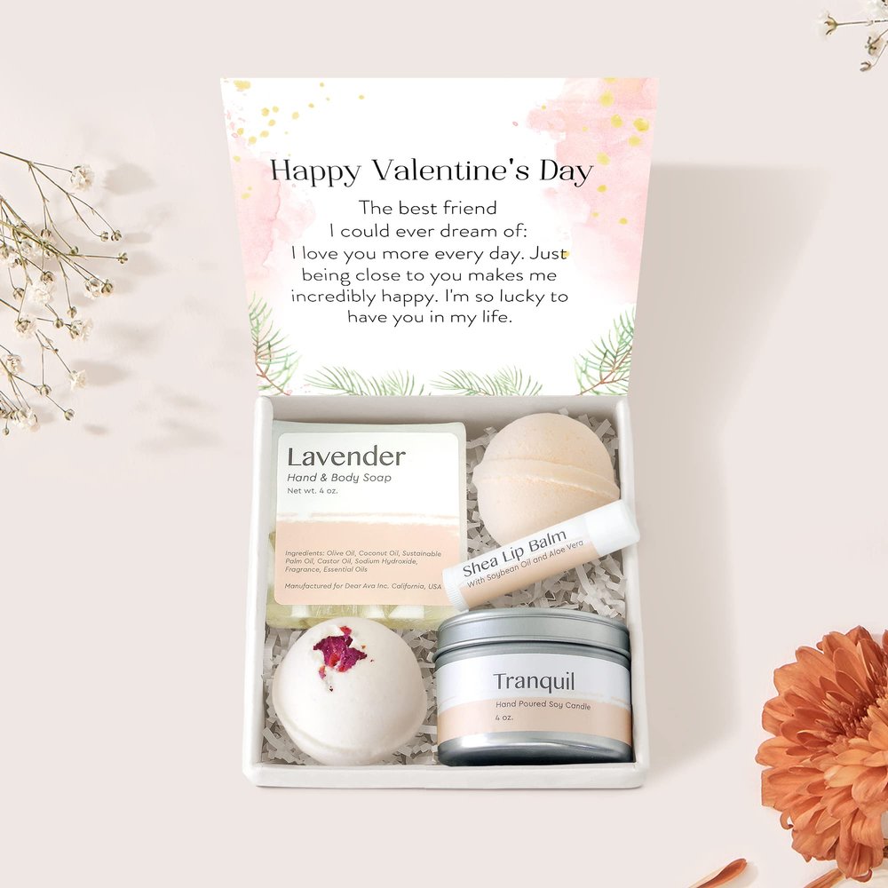 Dear Ava Valentine Spa Gifts for Girlfriend - Organic Self Care luxury Anti Stress Relaxing Bath and Body Kit Set Basket Box for Her with Heartfelt Card - Valentine's Gift for Women