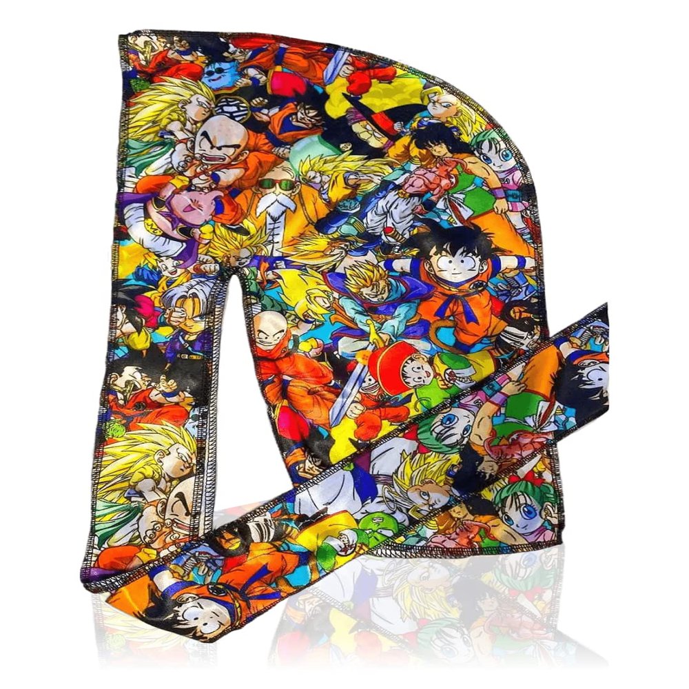CROWN Silky Design Anime Durag Waves with Long Tails and Quadruple Stitching - Smooth Silky Satin Fabric for Comfort and Compression (DZB1 N)