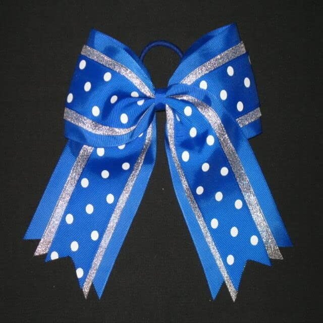 "Silver Royal Blue DOTS" Cheer Hair Bow Pony Tail 3 Inch Ribbon Cheerleading