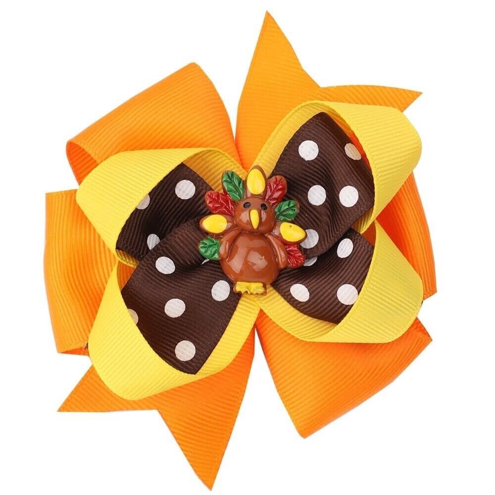 "TURKEY Pinwheel" Alligator Clips Girls Ribbon Hair Bows Fall Thanksgiving