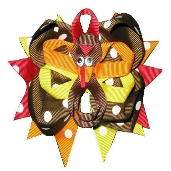 "TURKEY POLKA-DOT" Alligator Clips Girls Ribbon Hair Bows Fall Thanksgiving