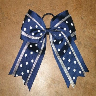 "Silver Navy DOTS" Cheer Hair Bow Pony Tail 3 Inch Ribbon Girls Cheerleading
