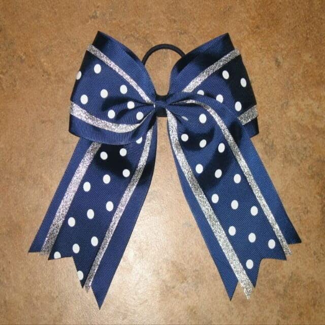 "Silver Navy DOTS" Cheer Hair Bow Pony Tail 3 Inch Ribbon Girls Cheerleading