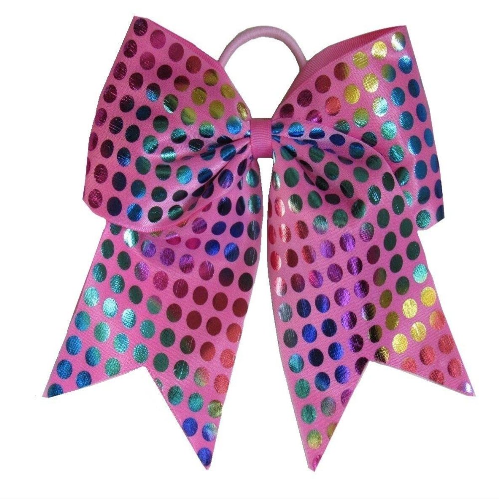 "Rainbow FOIL DOTS Pink" Cheer Bow Pony Tail Ribbon Hair Bows Cheerleading