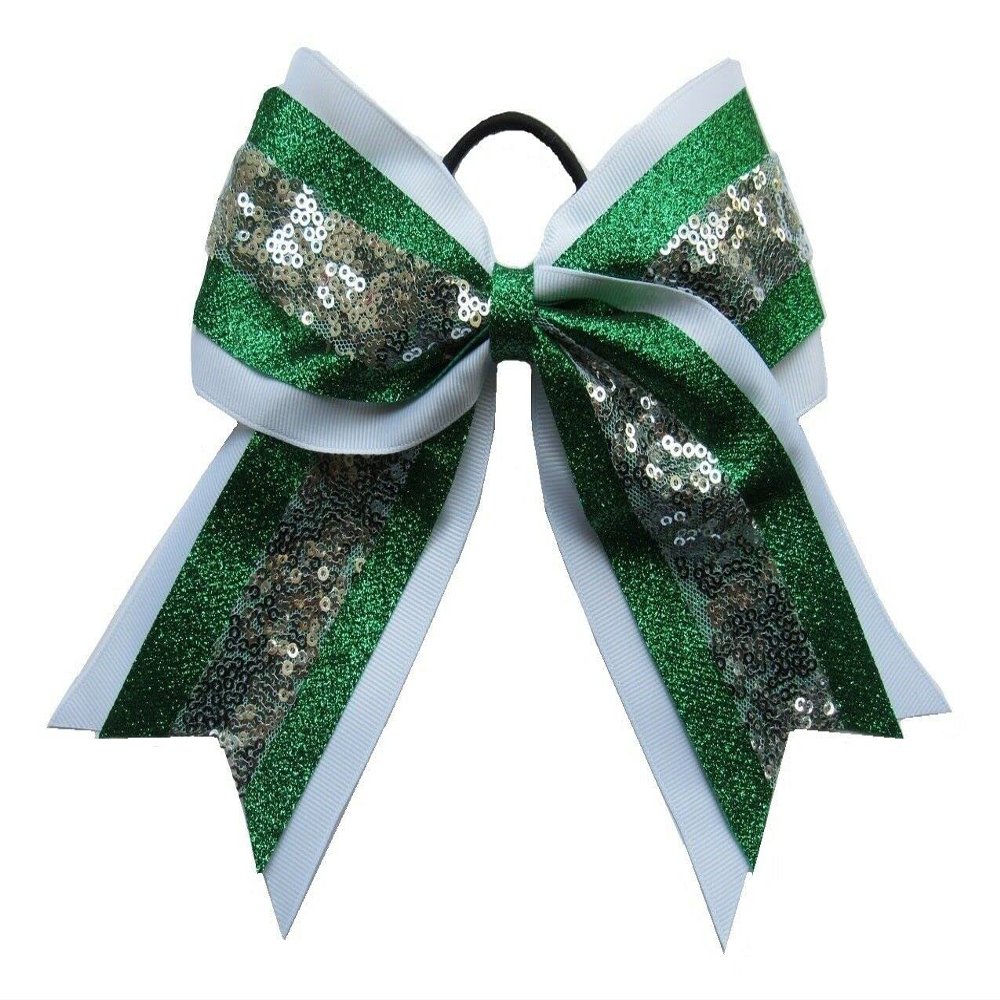 "Sequin Glitter Green White" Cheer Bow 3" Ribbon Girls Hair Cheerleading