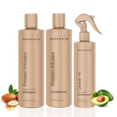 Moehair Trio Pack | Combo of Protein-Infused Shampoo and conditioner Set with Leave-In Conditioner | Hydrates Dry, Damaged Hair | Frizz Control Haircare Combo (12 Fl. Oz)