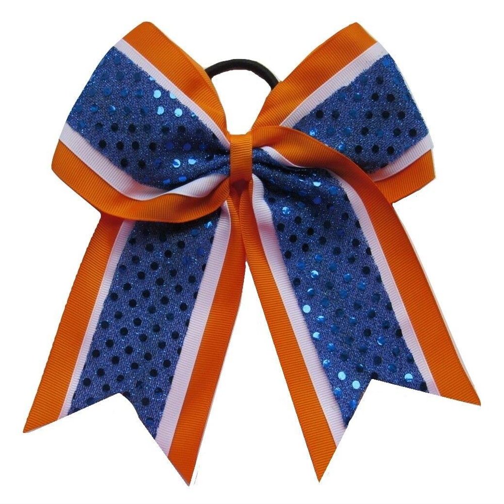 "Confetti Orange Blue" Cheer Bow Pony Tail 3" Ribbon Hair Bows Cheerleading