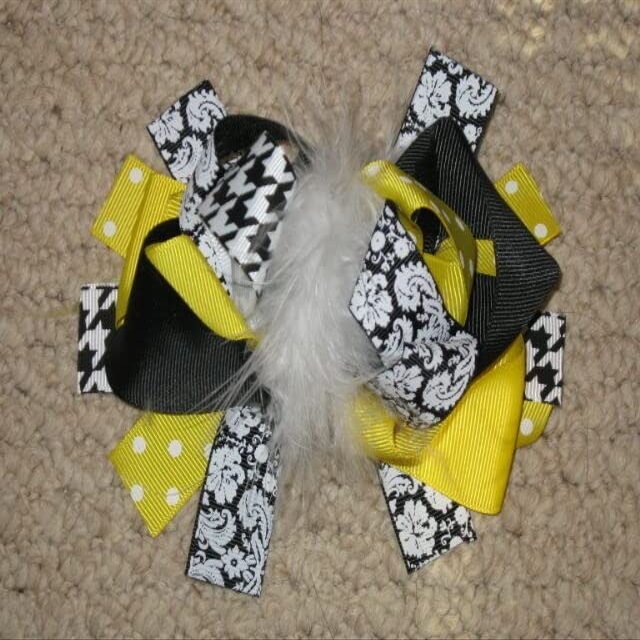 "Damask Yellow" Fur Hairbow Alligator Clips Girls Ribbon Hair Bows 5.5 Inch