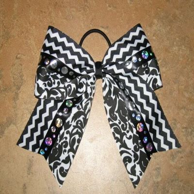 "Black Damask & Chevron" Cheer Bow Pony Tail 3" Ribbon Girls Cheerleading