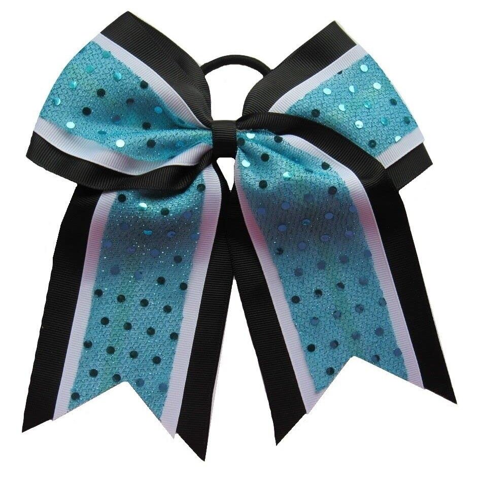"Confetti Aqua Black" Cheer Bow Pony Tail 3" Ribbon Hair Bows Cheerleading