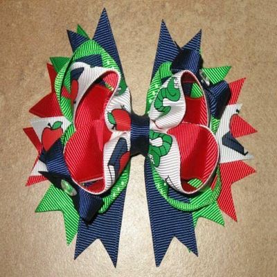 "Apple & Bookworm" Hairbow Grosgrain Ribbon Hair Bow Alligator Clip Girls