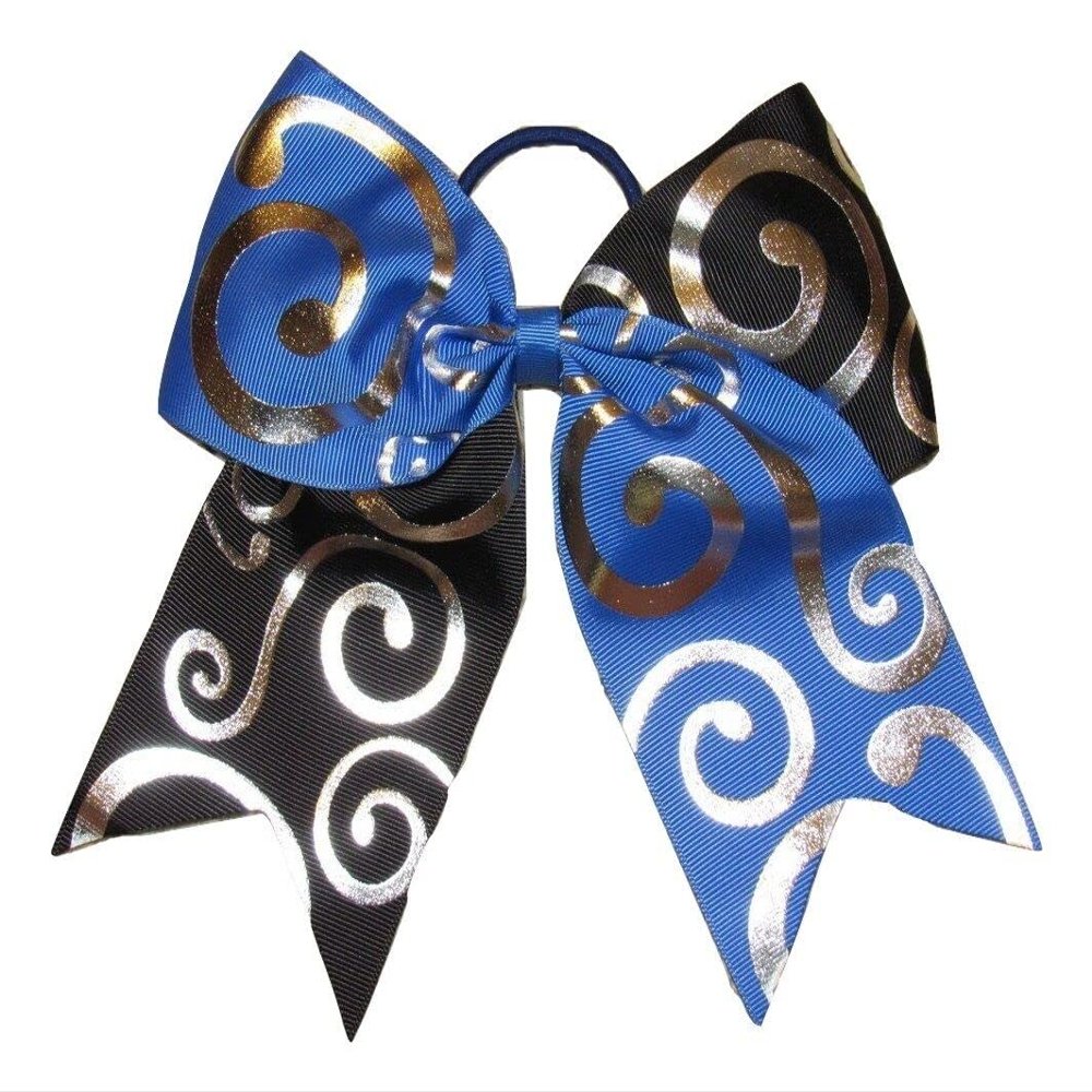 "Silver Swirl Blue & Black" Cheer Bow Pony Tail Ribbon Hair Bow Cheerleading