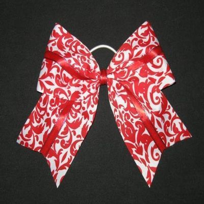 "RED Damask Sparkle" Cheer Bow Pony Tail 3 Inch Ribbon Girls Cheerleading