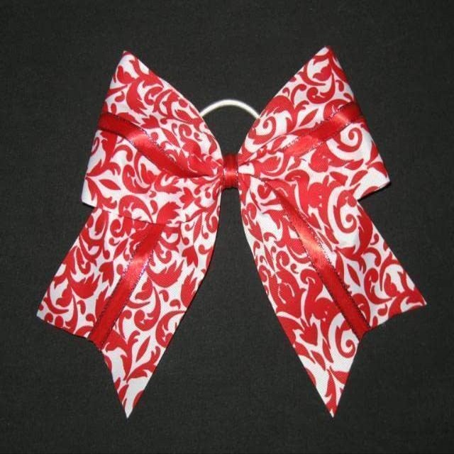 "RED Damask Sparkle" Cheer Bow Pony Tail 3 Inch Ribbon Girls Cheerleading