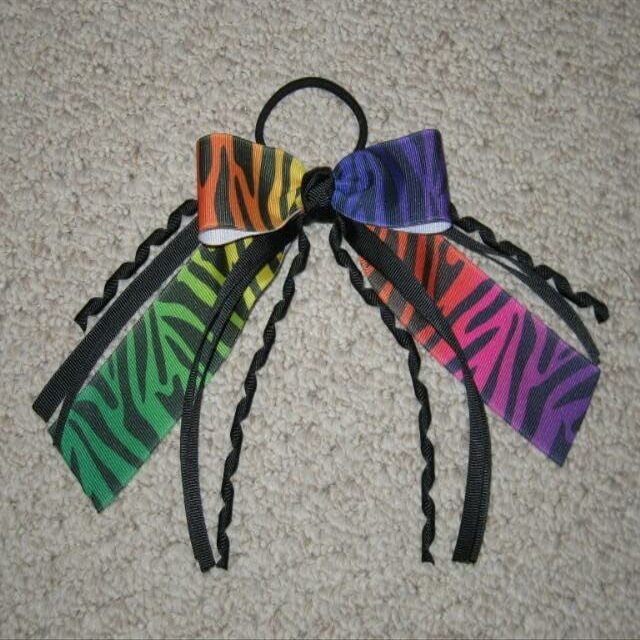 "Rainbow Zebra" Pony Tail Bows Girls Ribbon Hair Bows Cheer Streamers
