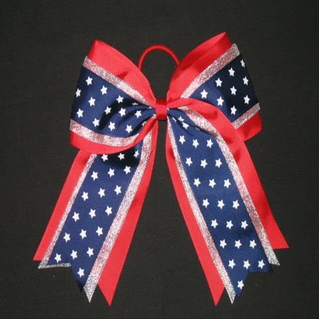 "Silver RED & Navy Stars" Cheer Hair Bow Pony Tail 3" Ribbon Cheerleading
