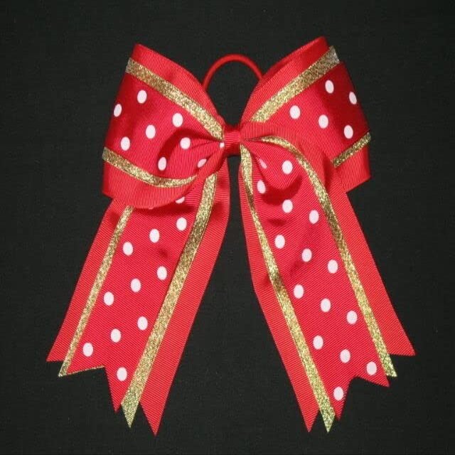 "Gold RED DOTS" Cheer Hair Bow Pony Tail 3 Inch Ribbon Girls Cheerleading