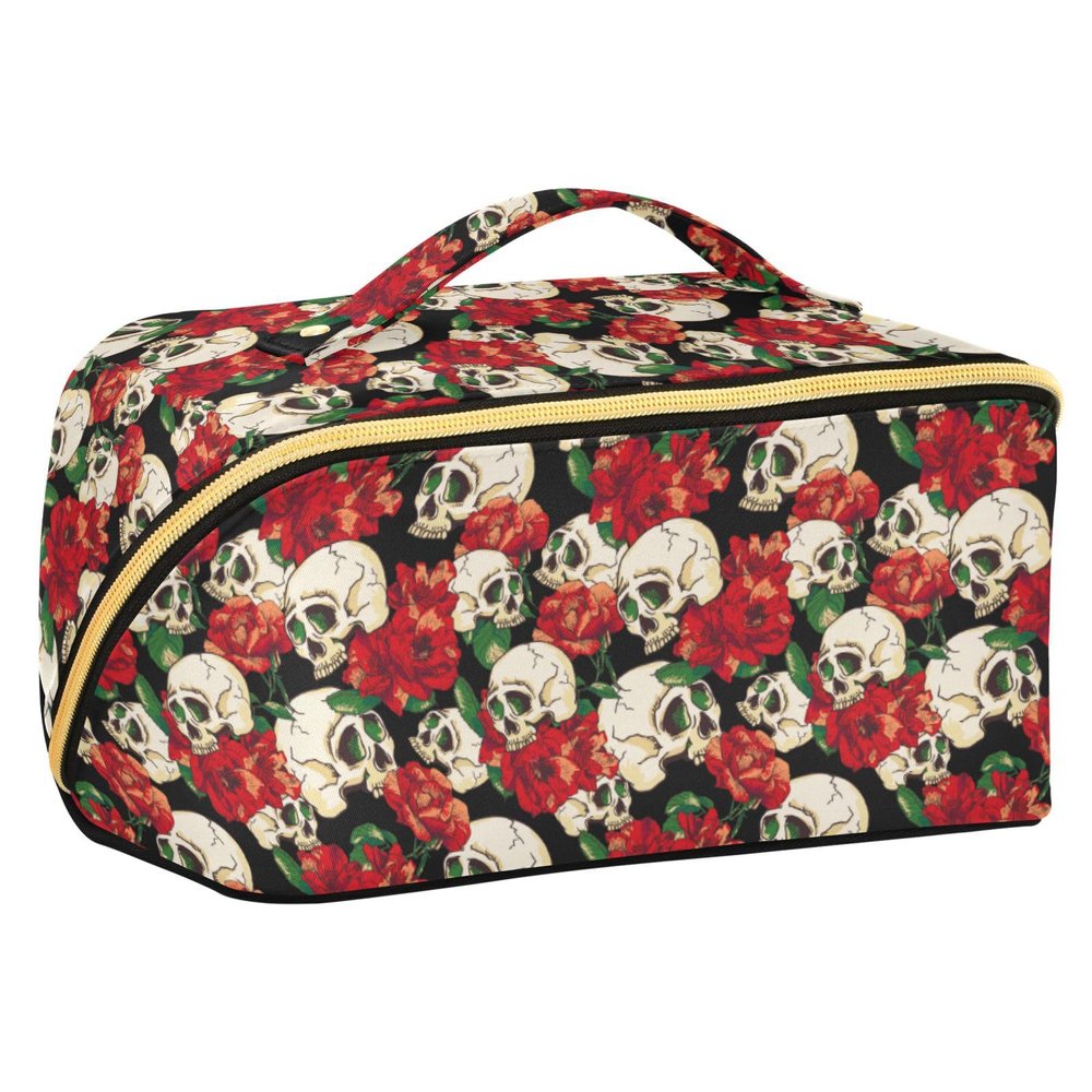 Makeup Organizer Bag, Skull and Flower Travel Makeup Bags Makeup Vanity Case Large Capacity Rhombus Cosmetic Toiletry Bag for Girl Women Ladies