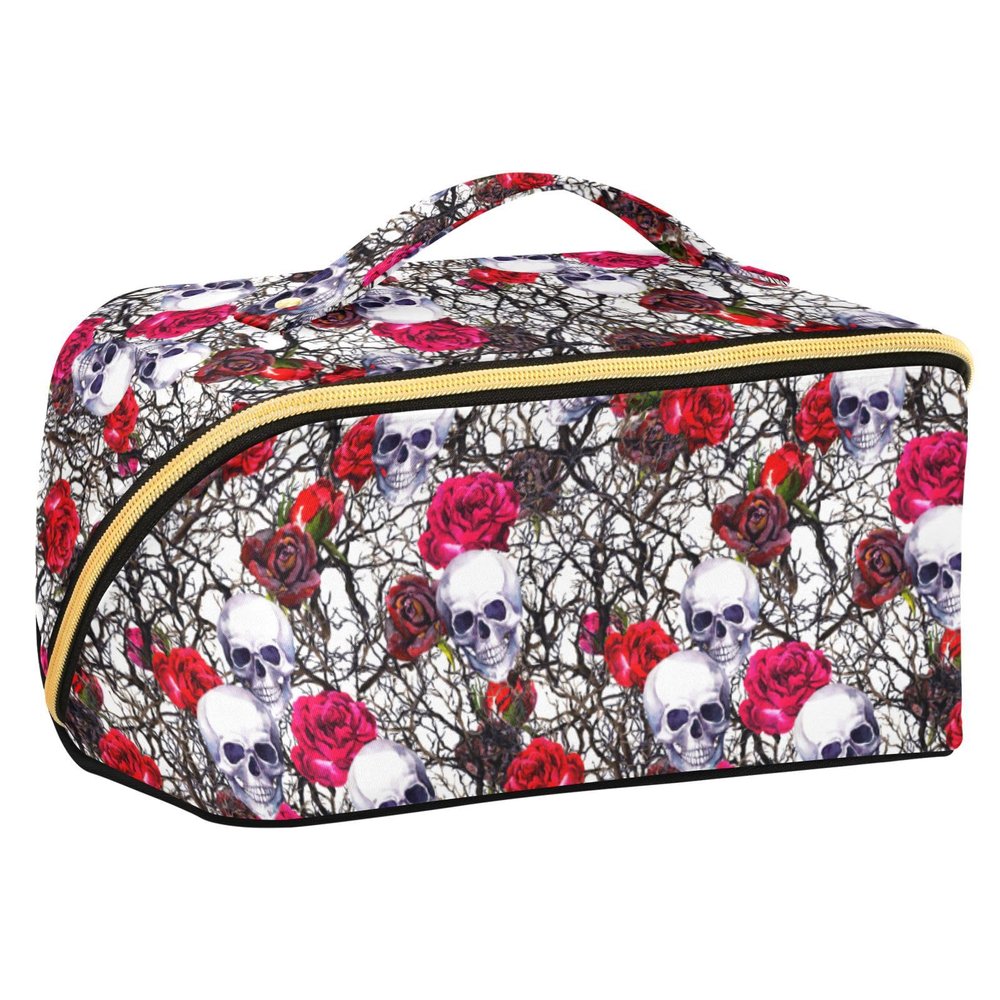Makeup Organizer Bag, Skulls Rose Flowers Travel Makeup Bags Makeup Vanity Case Large Capacity Rhombus Cosmetic Toiletry Bag for Girl Women Ladies