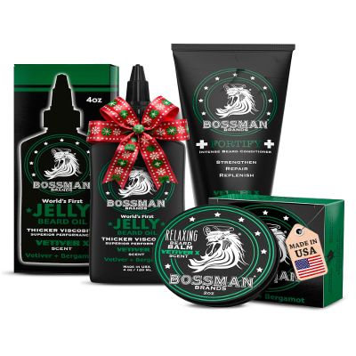 Bossman Essentials Beard Kit for Men, Set of 3 - Beard Oil Jelly, Fortifying Conditioner Cream, Beard Balm - Grooming Growth Care Accessories - Gift Set for Men (Vetiver X)