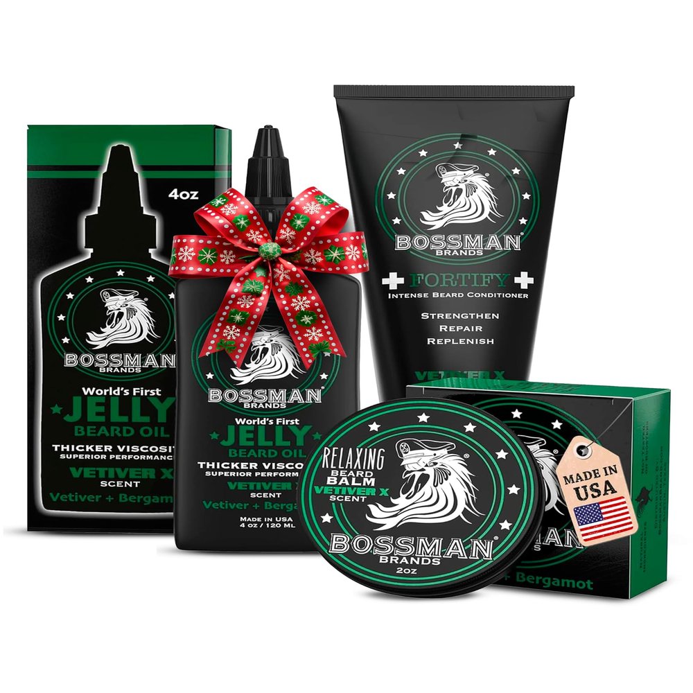 Bossman Essentials Beard Kit for Men, Set of 3 - Beard Oil Jelly, Fortifying Conditioner Cream, Beard Balm - Grooming Growth Care Accessories - Gift Set for Men (Vetiver X)