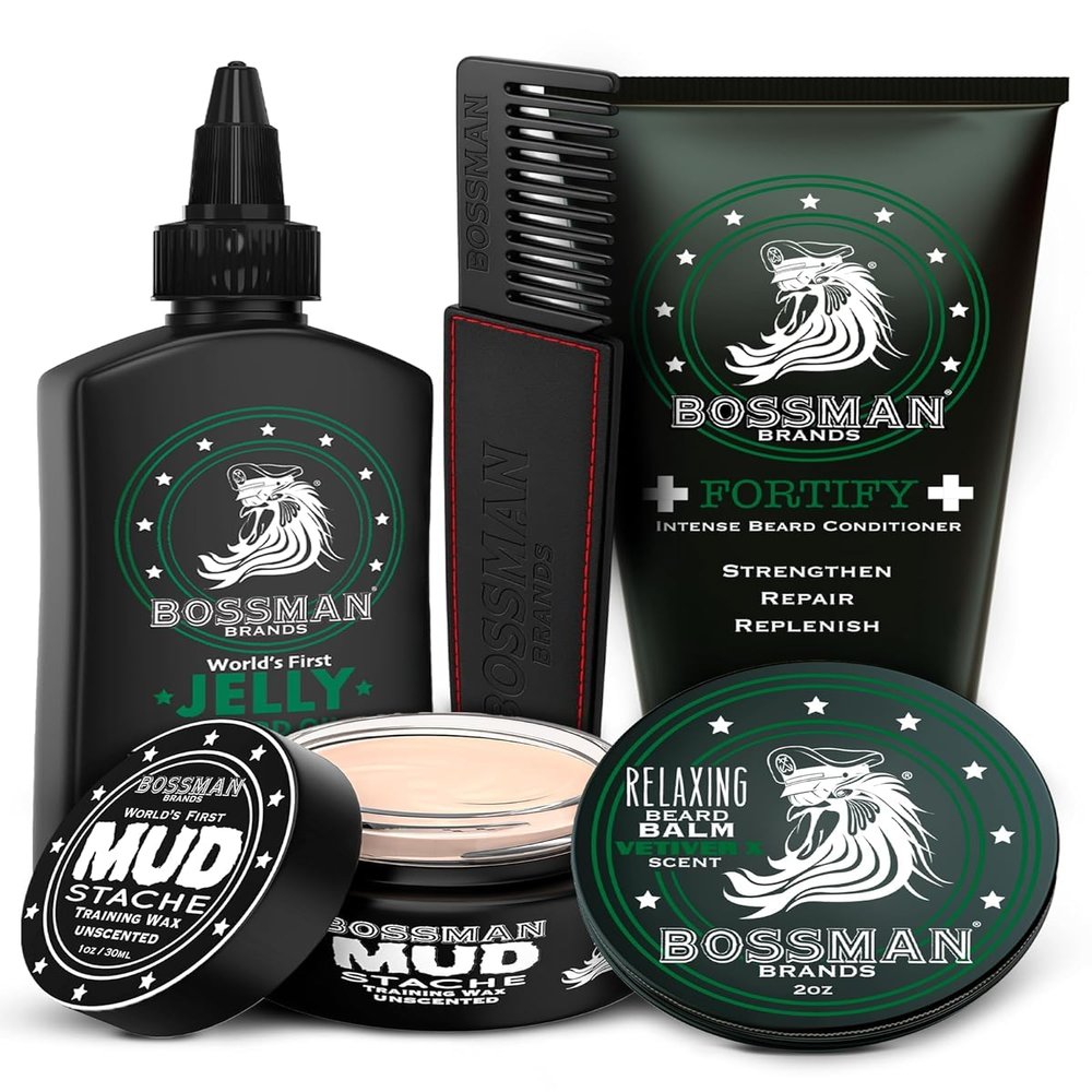 Bossman Complete Beard Kit  Men's Beard Oil Jelly, Fortifying Shower Conditioner, Balm, Mustache Wax & Comb  Beard Softener & Grooming Care  Men Gift Set (Vetiver X Scented)