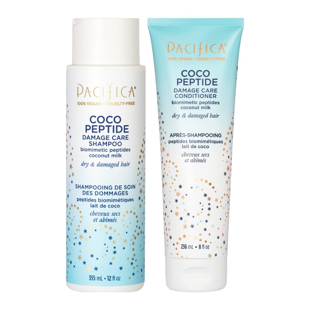 Pacifica Coco Peptide Damage Care Shampoo & Conditioner Set  Repairing Hair Care for Dry Damaged Hair Vegan Collagen & Peptides for Split Ends & Breakage Sulfate Free Clean Vegan Dermatologist Tested