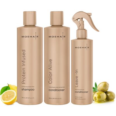 MOEHAIR Trio Pack: Protein Infused Shampoo + Color Alive Conditioner, and Leave-in Conditioner (12 Fl Oz Each) - Hydrating and Nourishing for Dry, Damaged, and Color-treated Hair
