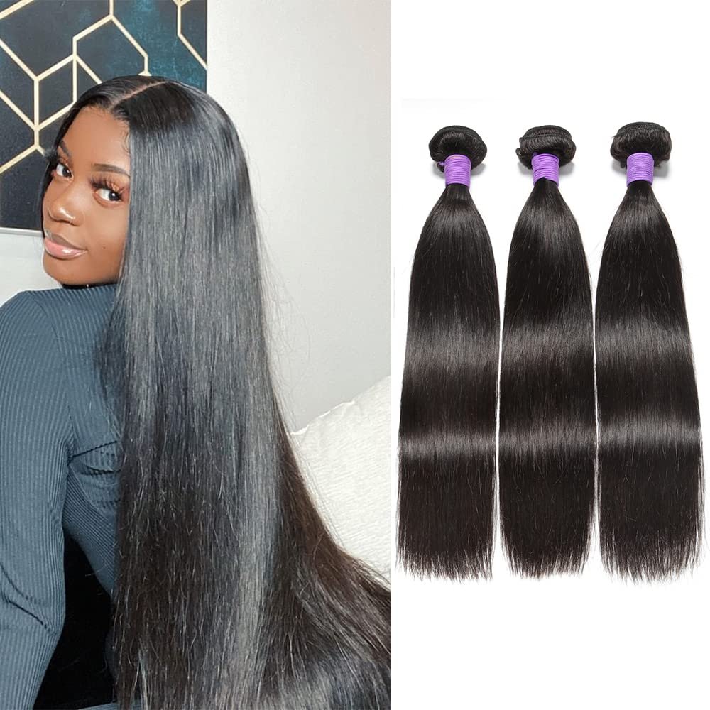 10A Peruvian Straight Human Hair 3 Bundles 16 18 20 Inch 100% Unprocessed Virgin Straight Human Hair Weaves Genrein Hair Extensions for Black Women 1B Color