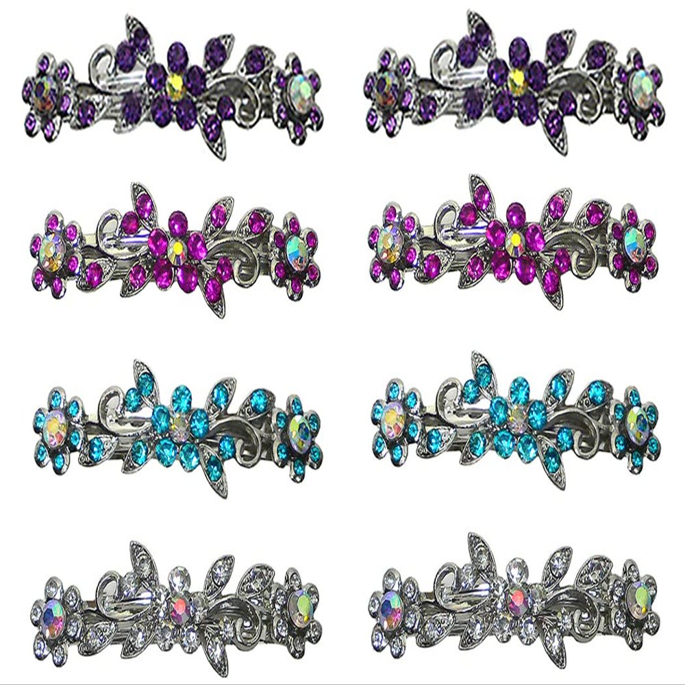 Set of 8-8 Count - Hair Barrettes Small French Clip Barrette Sparkly Crystals 6 Colors 1366-8d3