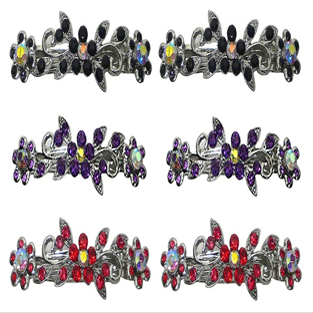 Set of 6-6 Count - Hair Barrettes Small French Clip Barrette Sparkly Crystals 6 Colors 1366-6d2