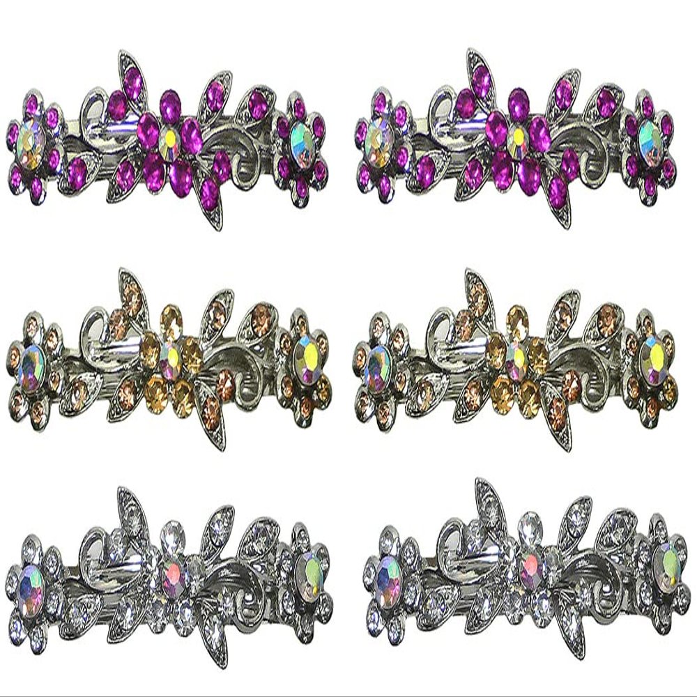 Set of 6-6 Count - Hair Barrettes Small French Clip Barrette Sparkly Crystals 6 Colors 1366-6d3