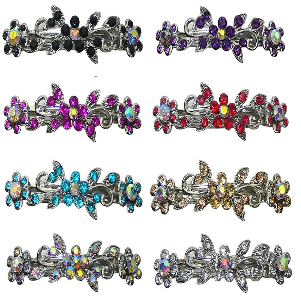 Set of 8-8 Count - Hair Barrettes Small French Clip Barrette Sparkly Crystals 6 Colors 1366-8d1