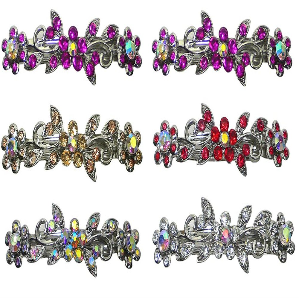 Set of 6-6 Count - Hair Barrettes Small French Clip Barrette Sparkly Crystals 6 Colors 1366-6d1