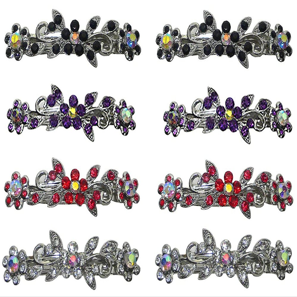 Set of 8-8 Count - Hair Barrettes Small French Clip Barrette Sparkly Crystals 6 Colors 1366-8d2