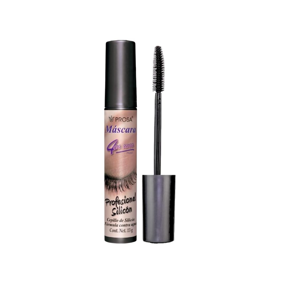 Prosa 4 en 1 Professional Silicon Brush Mascara, Waterproof Formula, Lash Oil with Mamey Seed, Aloe Vera, Jojoba, Wheat Germ, 13 g
