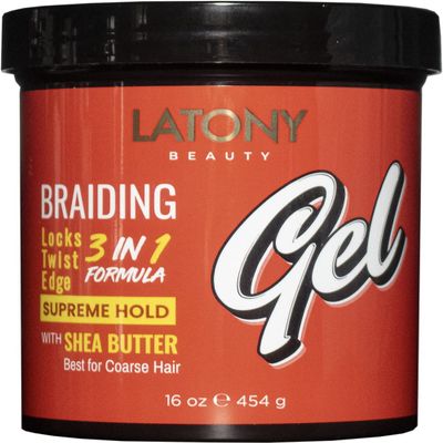 LATONY BEAUTY BRAIDING GEL 16oz 454g 3-in-1 LOCKS TWIST EDGE No Frizz No Flaking Non-Greasy Water-Based Aloe Vera Argan Oil Shea Butter (SUPREME HOLD - Shea Butter - For Coarse Hair)