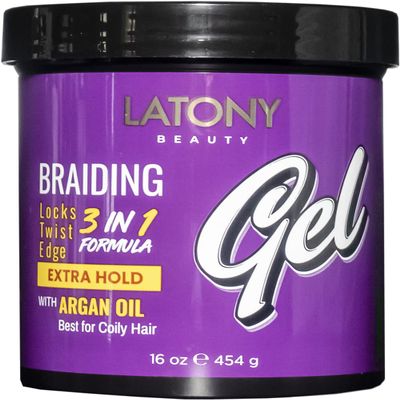 LATONY BEAUTY BRAIDING GEL 16oz 454g 3-in-1 LOCKS TWIST EDGE No Frizz No Flaking Non-Greasy Water-Based Aloe Vera Argan Oil Shea Butter (EXTRA HOLD - Argan Oil - For Coily Hair)