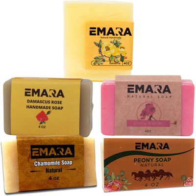 EMARA All Natural Soap Bar, 5 Bar Variety Pack Floral Scents, Vegan, Organic Face and Body Soap Essential Oils, Geranium, Damascus Rose, Peony, Gardenia, Chamomile, 4 Oz Each