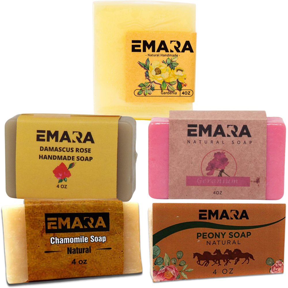 EMARA All Natural Soap Bar, 5 Bar Variety Pack Floral Scents, Vegan, Organic Face and Body Soap Essential Oils, Geranium, Damascus Rose, Peony, Gardenia, Chamomile, 4 Oz Each