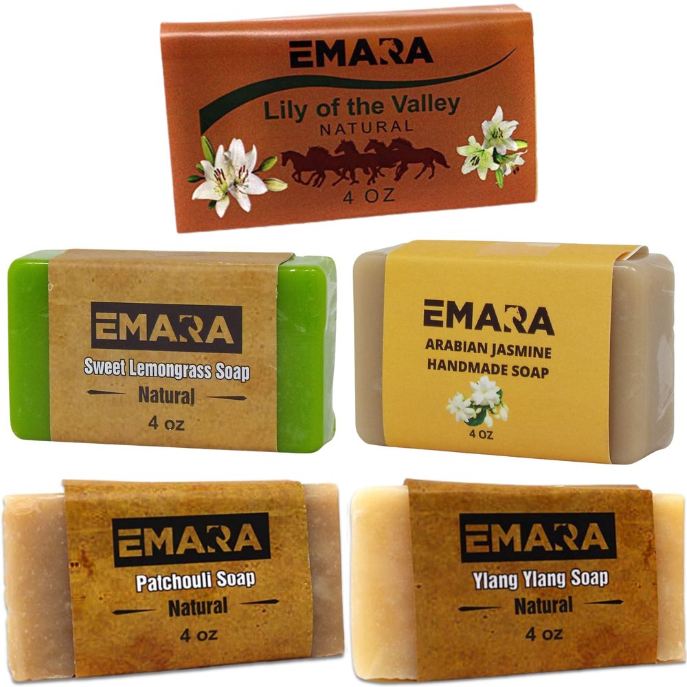 EMARA All Natural Soap Bar, 5 Bar Variety Pack Herbal Floral Scents, Vegan, Organic Face and Body Soap Essential Oils, Ylang Ylang, Arabian Jasmine, Sweet Lemongrass, Patchouli, Lily of the Valley, 4 Oz Each