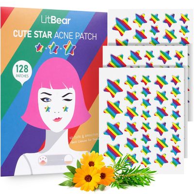 LitBear Acne Patch Pimple Patch, Rainbow Star Shaped Acne Absorbing Cover Patch, Hydrocolloid Acne Patches For Face Zit Patch Acne Dots, Tea Tree Oil + Centella, 128 Patches, 18mm, 14mm & 10mm