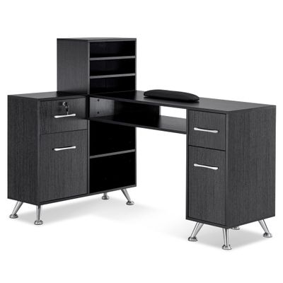 BarberPub L-Shaped Manicure Table with Drawers and Shelves for Storage, Salon Corner Nail Desk, Makeup Dressing Station 2866 (Black)