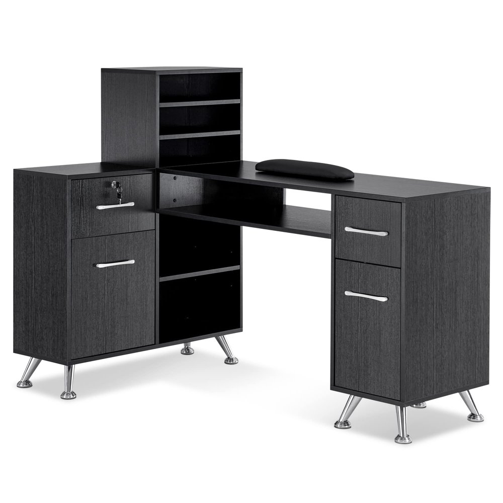 BarberPub L-Shaped Manicure Table with Drawers and Shelves for Storage, Salon Corner Nail Desk, Makeup Dressing Station 2866 (Black)